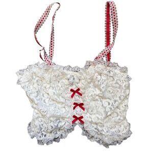 RARE Vintage Fredericks of Hollywood White Lace Camisole Red Bow Cropped Top L